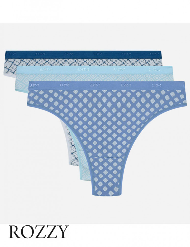 Трусы стринги хлопковые DIM Les Pockets Cotton 4C19 геометрия голубой (уп.3шт.)